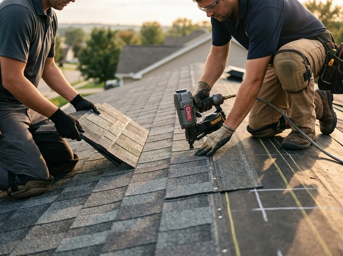 Professional roofer working on a residential roof in Sewickley